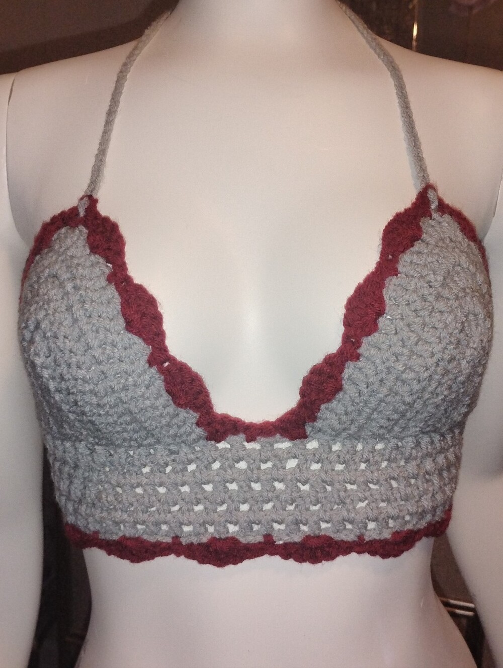 Handmade Grey and Burgundy Crochet Coming To The Festival Bikini Top